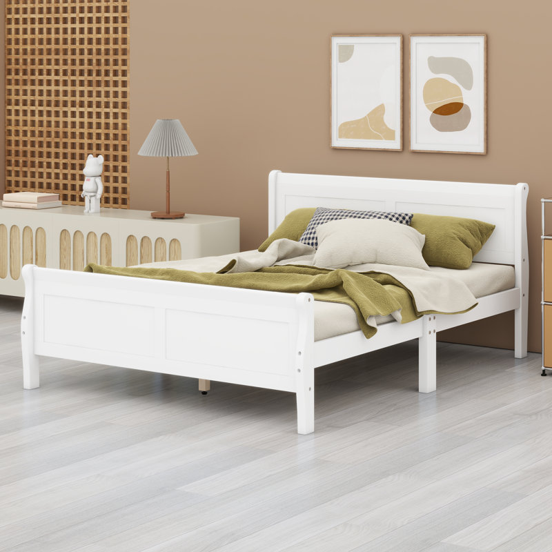Lit plateforme en bois avec tête de lit, Blanc, Grand lit