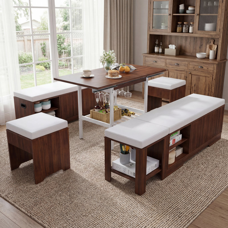 Extendable Breakfast Nook Table Set with Storage Benches & Stools, 6-Piece Corner Dining Table Set, Walnut/White, White