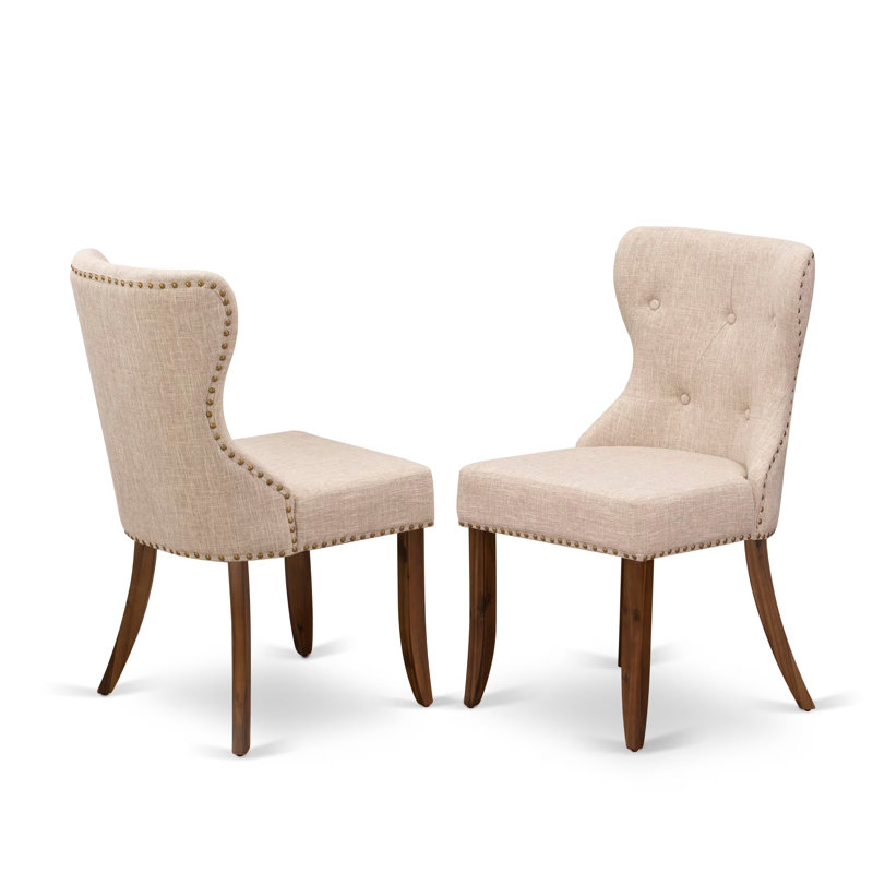 7-piece Modern Dining Set consists of a Wooden Table and 6 Linen Fabric Modern Dining Chairs with Button Tufted Back - (Finish Option).