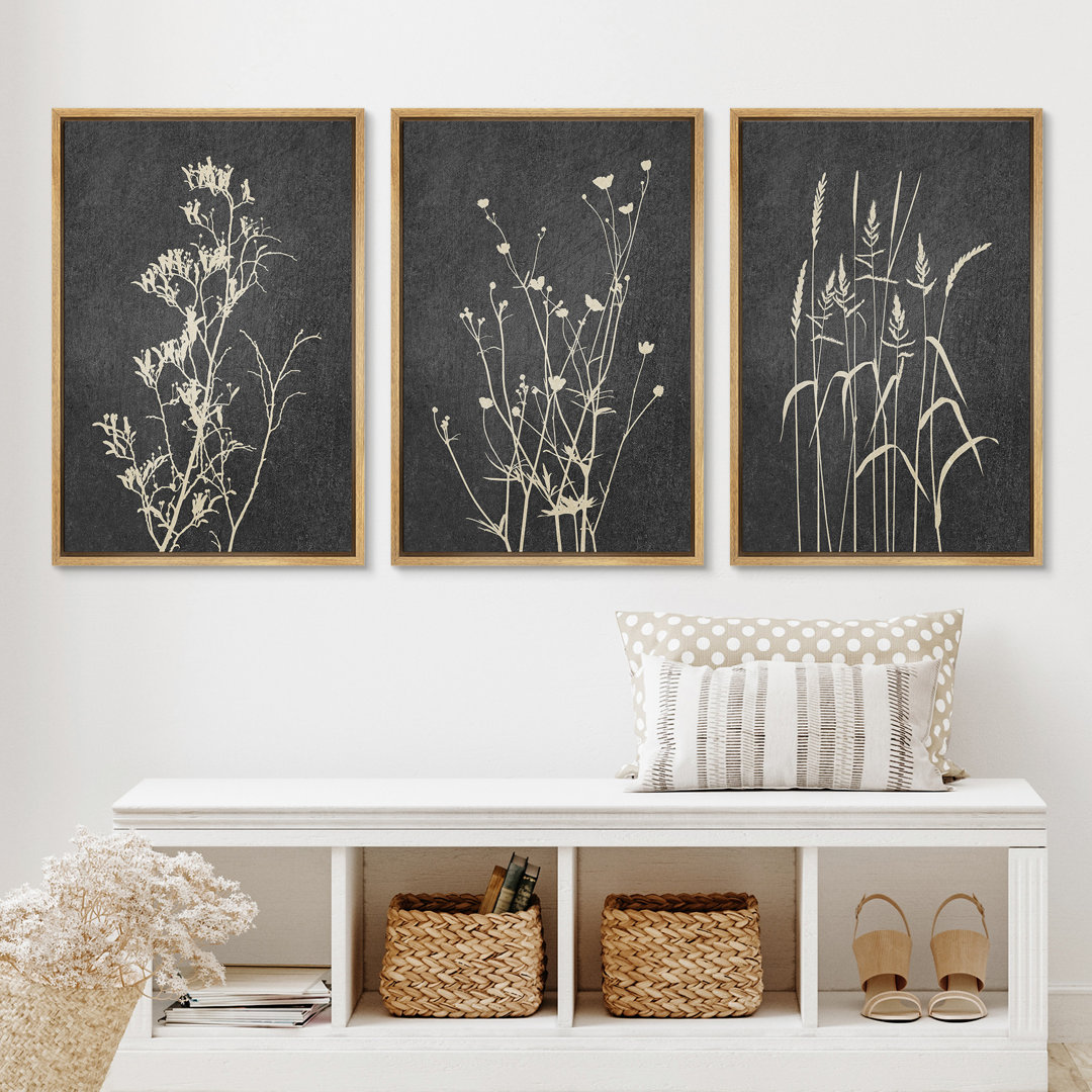 Black Gray Floral & Botanical Neutral Decor Minimalist Framed On Canvas 3 Pieces Print Wall Art IDEA4WALL Frame