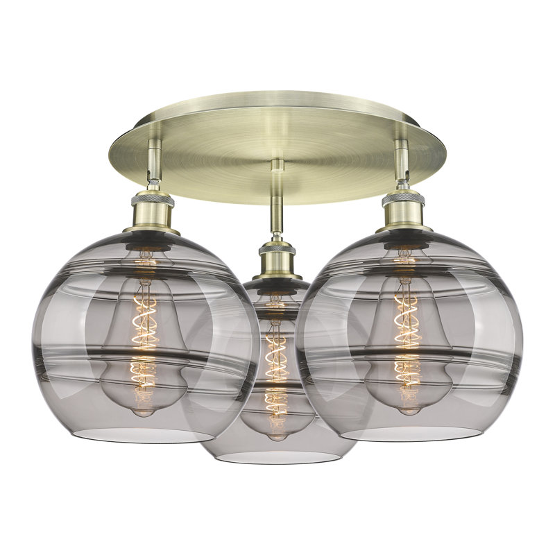 Plafonnier semi-encastré Glassoff, Gris fumée clair, H 12,63 po x l 21,75 po x P 21,75 po, Laiton antique
