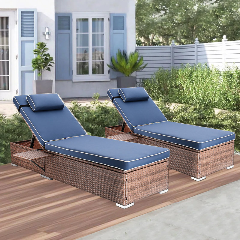 Outdoor Wicker Chaise Lounge Set Patio Reclining Chaise With Side Table And Cushions, Navy