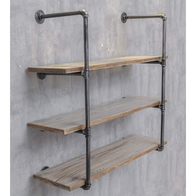 Industrial Black Iron and Wood Wall Mounted Kitchen Shelves