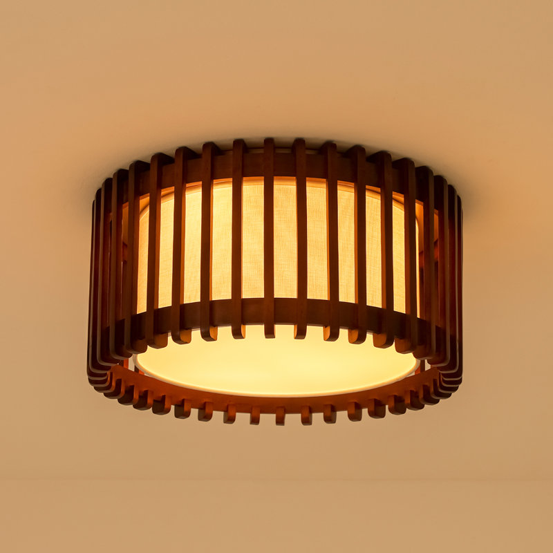 Plafonnier encastré en bois de noyer 3 lumières avec abat-jour en tissu