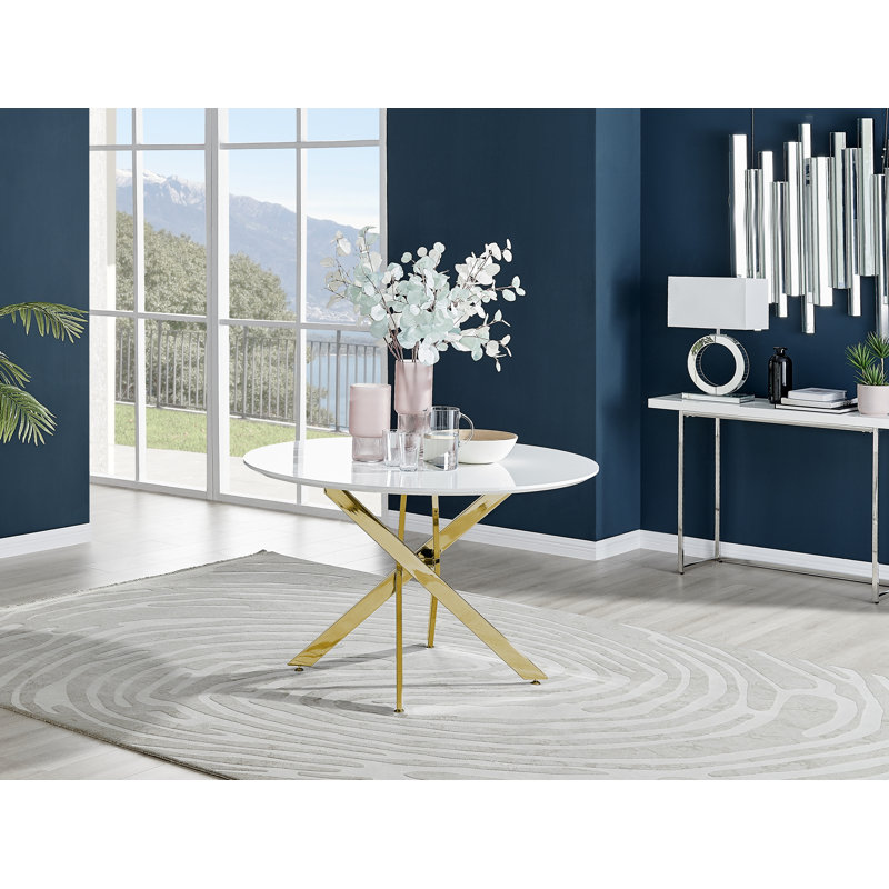 Tierra Sleek Gold Metal and White Gloss Round Dining Table Set with 4 Luxury Velvet Dining Chairs