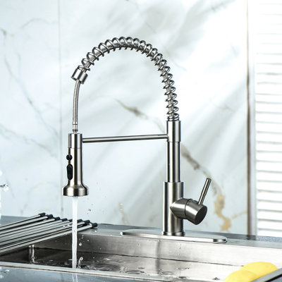 Brushed Nickel Kitchen Faucet Made Of Stainless Steel. Pull-Down Spray Head For Versatile Cleaning Applications. 360-Degree Swivel Spout Easy Reach And Usage. Comes With Installation Accessories.