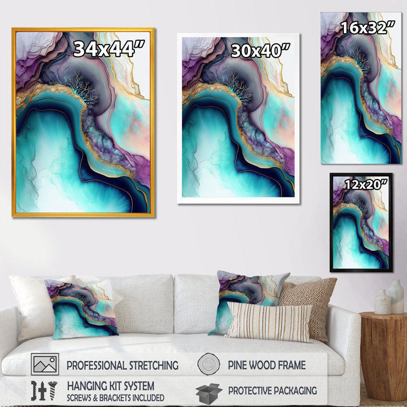 Géode abstraite bleue et mauve III - estampes murales abstraites en marbre, H 44 po x l 34 po x P 1,5 po