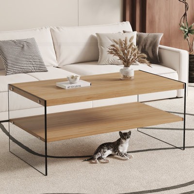 Table basse à double couche rectangulaire avec pieds en verre trempé transparent, table de bout moderne élégante avec plateau en panneau de fibres à densité moyenne et autocollants à grain blanc pour le salon
