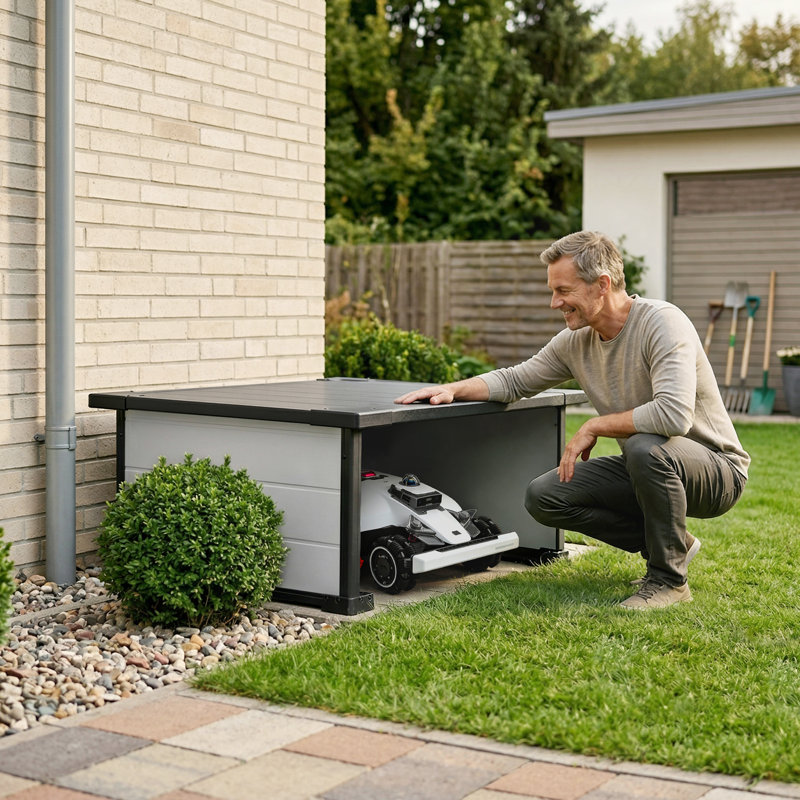 Garage pour tondeuse robot, abri en polypropylène résistant aux intempéries pour station de charge, conception ouverte compatible Wi-Fi