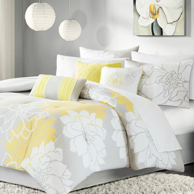 Édredon très grand - gris taupe / jaune, coton imprimé, 2 taies décoratives, taille des coussins décoratifs, jupe de lit incluse