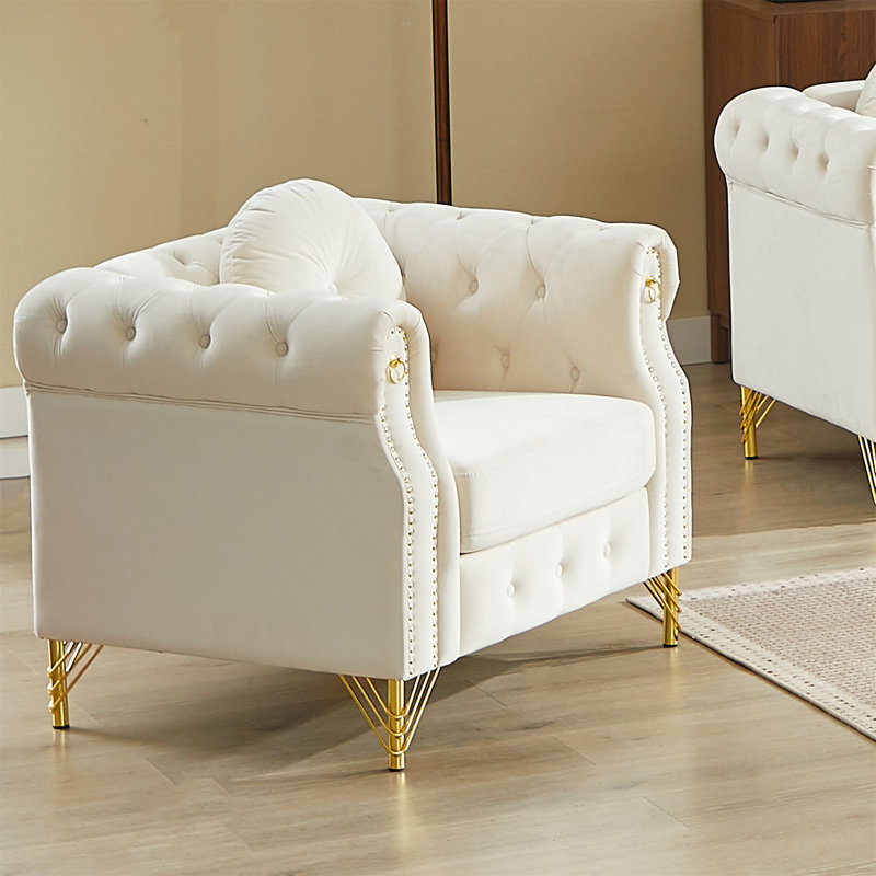 Canapé Chesterfield en velours avec coussins ronds, Beige