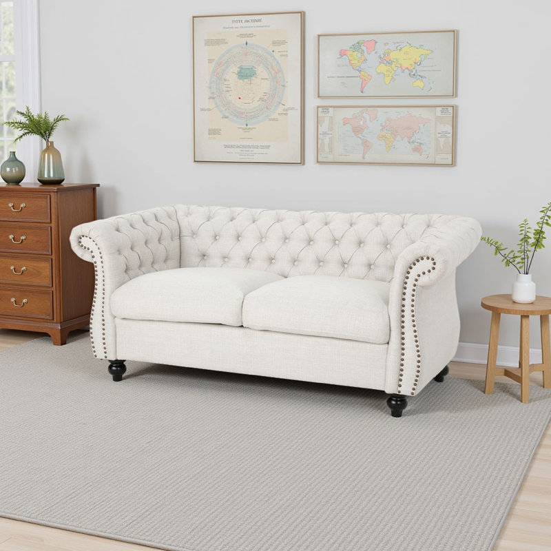 Pasillas Rolled Arm Loveseat, Beige Fabric, 27.75" H x 61.75" W x 33.75" D