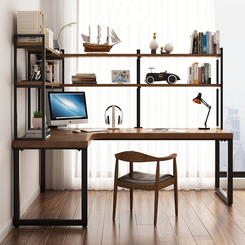 Bureau d'ordinateur en L en bois massif avec bibliothèque intégrée, H 70,87 po x l 62,99 po x P 47,24 po