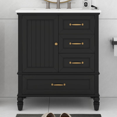 Meuble-lavabo de 30 po avec lavabo, armoire de salle de bain avec porte et trois tiroirs, pieds en bois massif et panneau de fibres à densité moyenne, patins réglables