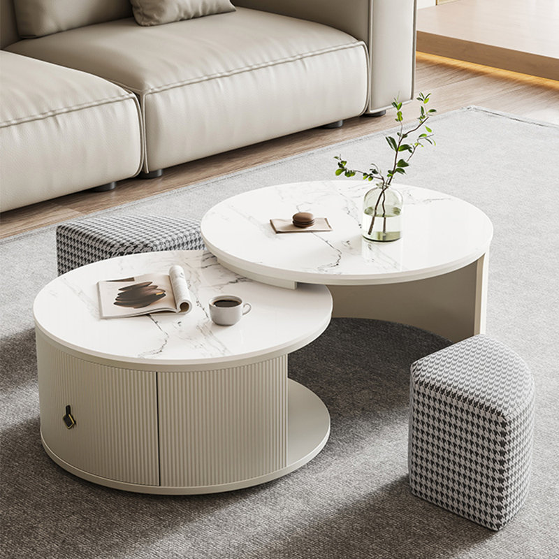 Round Nesting Coffee Table Set With 2 Storable Stools, Sintered Stone Coffee Table