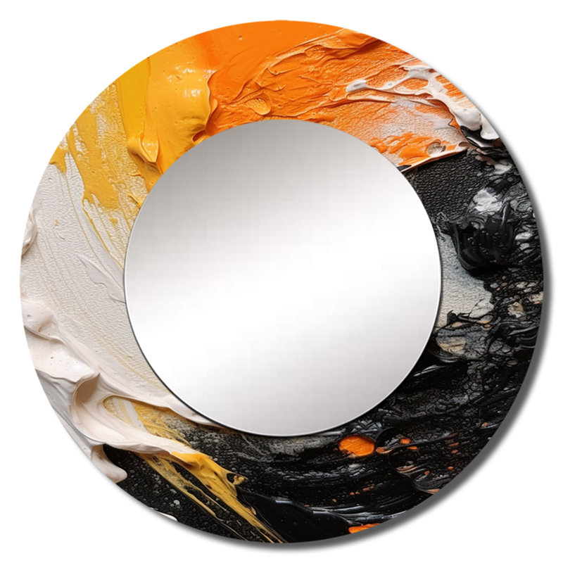 Orange et noir Mystic Spirals III - miroir mural décoratif spirales abstraites, miroir rond orange, impression d'art en métal