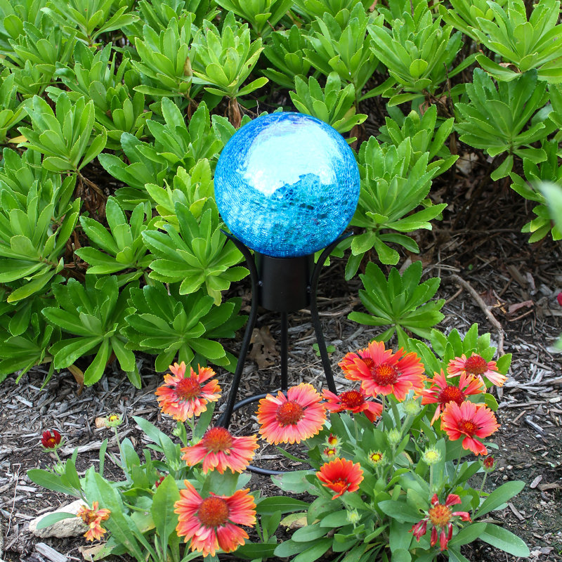 Teal Crackle Glass Gazing Globe with Black Iron Stand