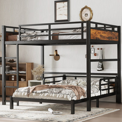Full Over Full Metal Bunk Bed/Metal Loft Bed And Metal Platform Beds,With Raised Security Fence,Vintage Wood-Colored
