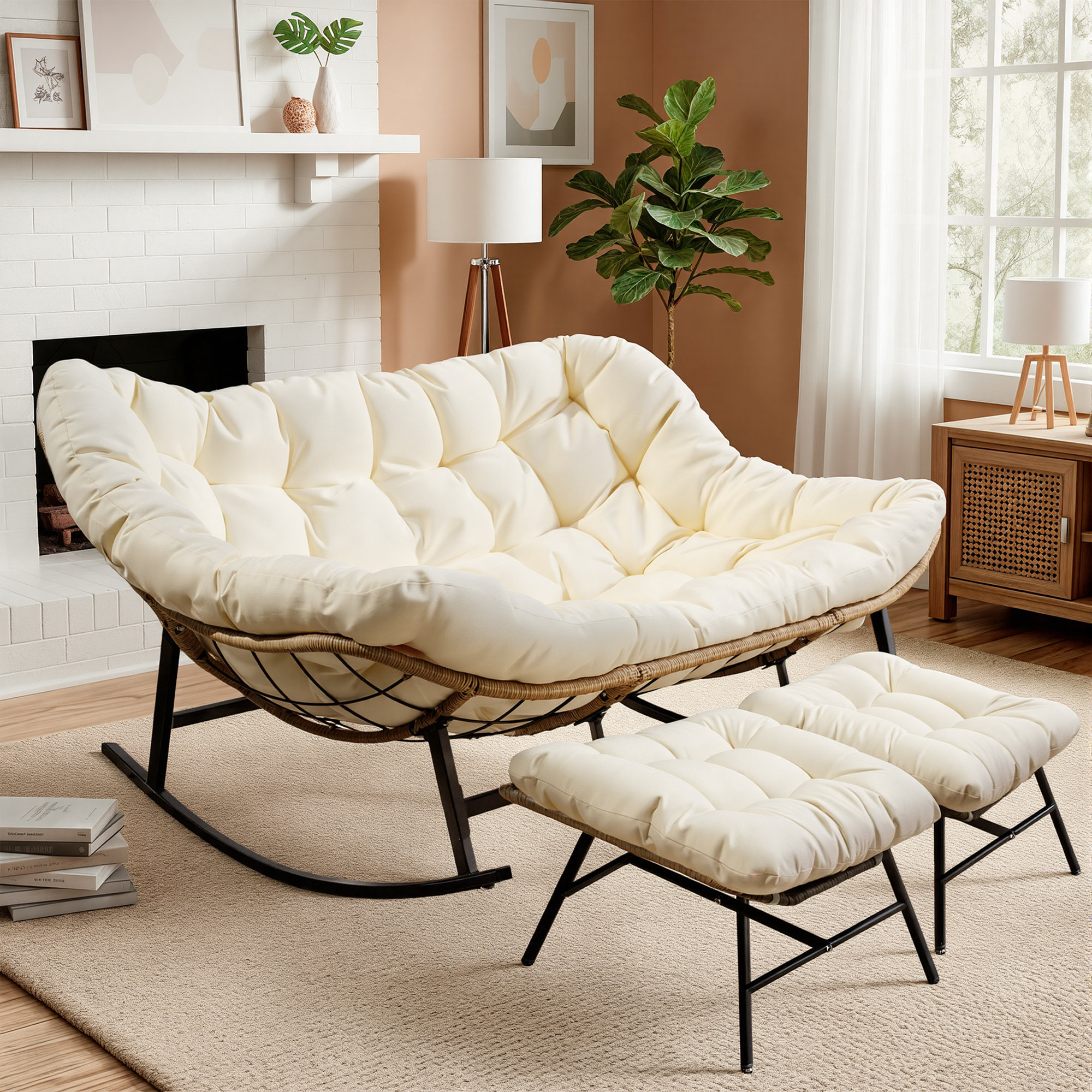 Oversized Cushioned Double Papasan Rocking Chair with 2 Ottomans and Thick Cushion - Beige