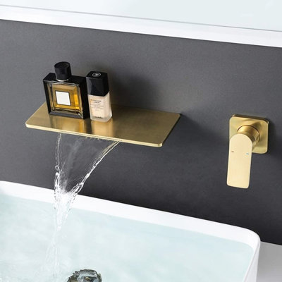 Waterfall Style Bathroom Sink Tap - Brass, Gunmetal Finish, Single, Wall Mount Faucet Mounted Feature