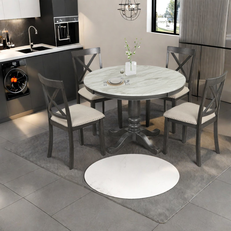 Ensemble de table de salle à manger en bois massif pour 4 personnes, style moderne gris