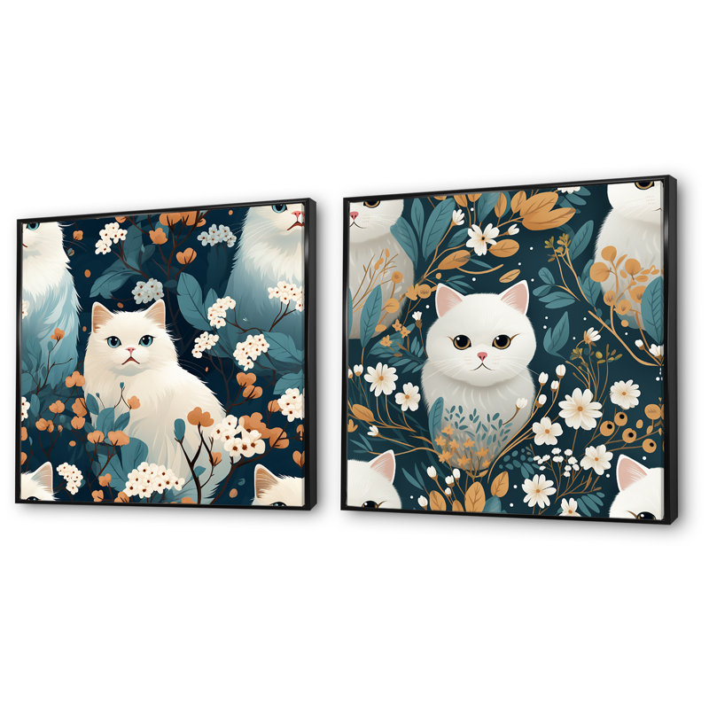 «Blossoms» sarcelle et motif de chat blanc pour enfant II - ensemble de 2 reproductions d'art sur toile, Cadre noir