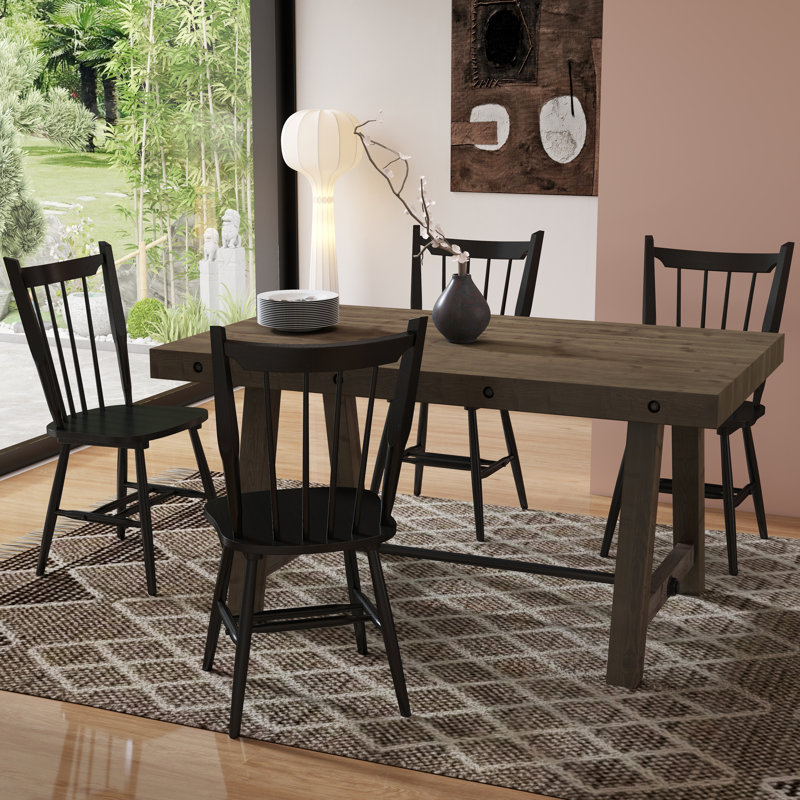 Modern Farmhouse Dining Set - Reclaimed Pine Table & Rubberwood Chairs - Rustic Industrial, Walnut, 5 Pieces: Table, 4 Chairs