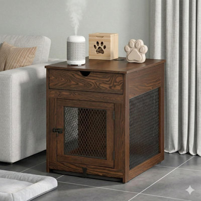 Wooden Dog Crate Designed as End Table for Small Dogs, Rustic Style, Includes Storage Drawer, Cushion, and Removable Tray, Features QC3.0 Wireless Charging and Dual USB Ports