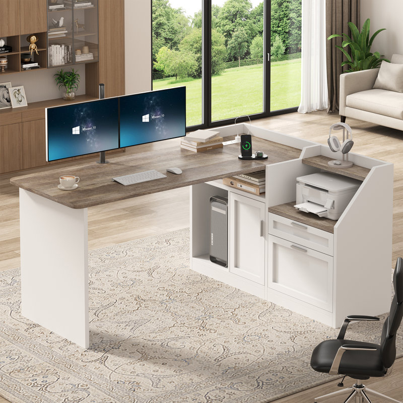 Bureau en L Farmhouse avec tiroirs, bureau d'ordinateur d'angle avec rangement pour dossiers