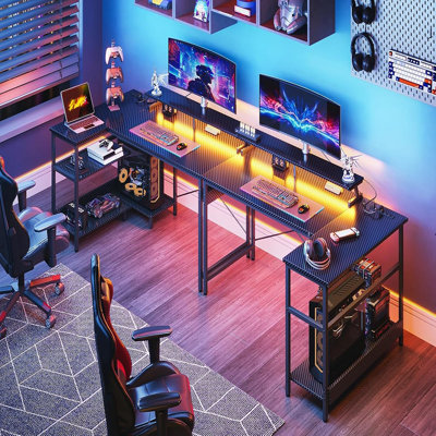 48 Inch Gaming Desk With Usb Charging Ports And Led Lights, Reversible L Shaped Computer Desk With Storage Shelves & Monitor Stand