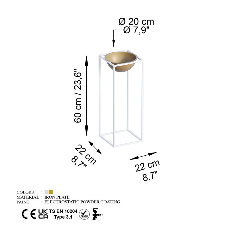Élégant pot décoratif, blanc et doré, 8,7 po x 23,6 po x 8,7 po | Fabrication 100% métal, diamètre du pot: 7,9 pouces | Léger à 2,9 lb, aucune installation requise | Parfait pour la décoration intérieure et les plantes d'intérieur