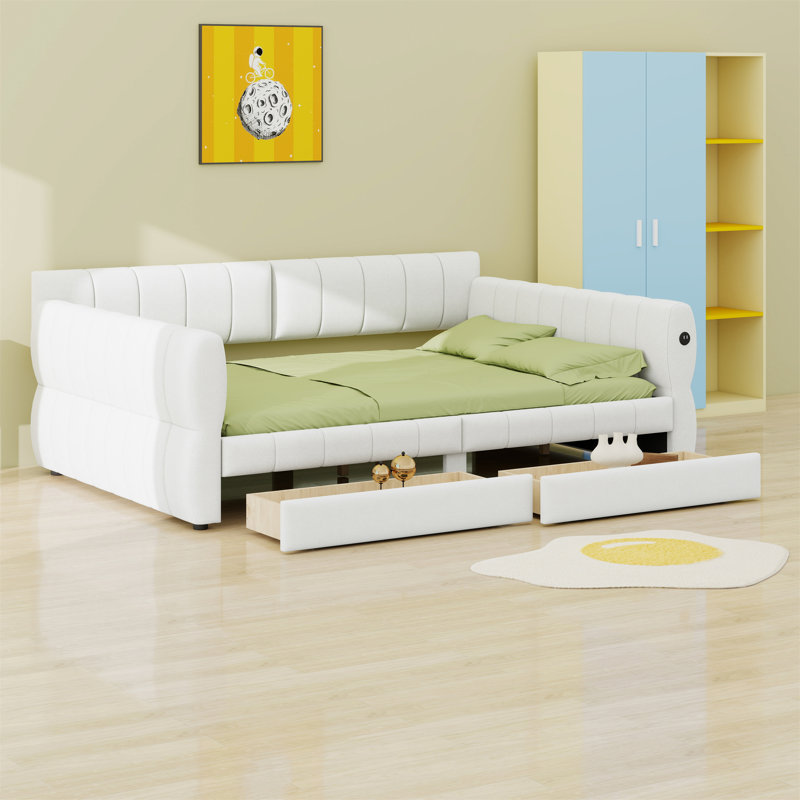 Lit plateforme tapissier avec port USB et 2 tiroirs, Blanc