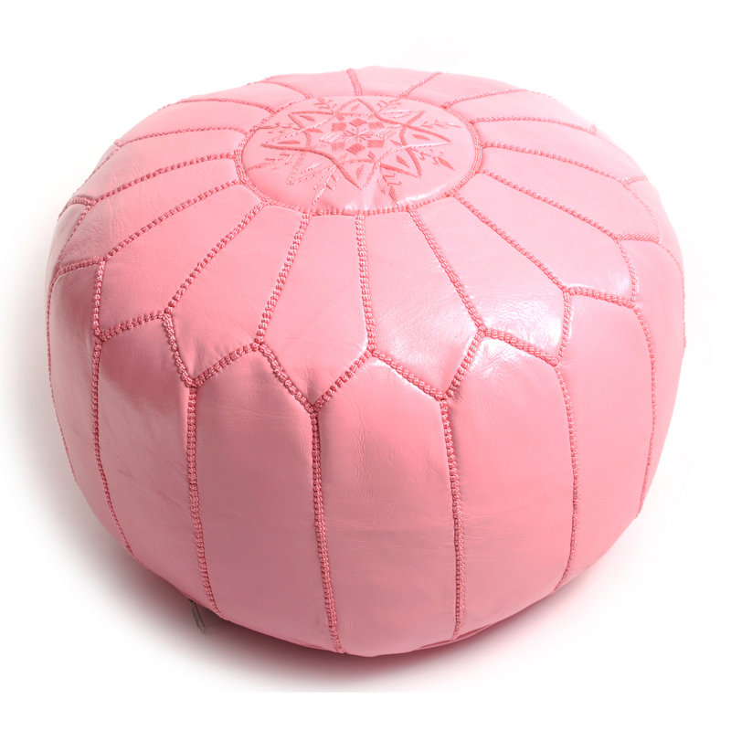 Pouf rond en cuir véritable de 20 po de largeur, Cuir marocain rose, Rose