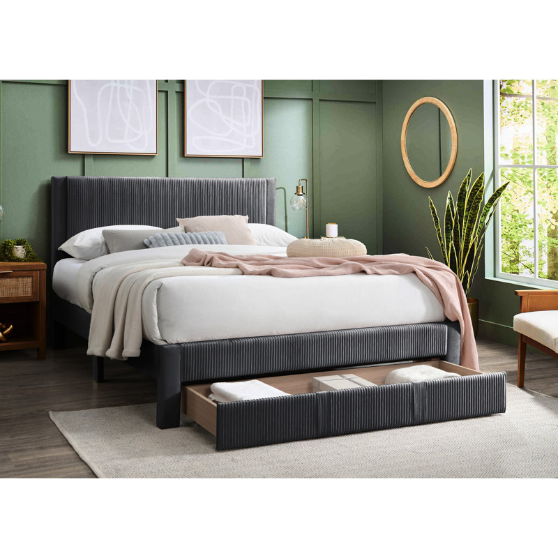 Grand lit contemporain avec tête de lit en velours côtelé et tiroir sous le lit, velours côtelé couleur gris anthracite