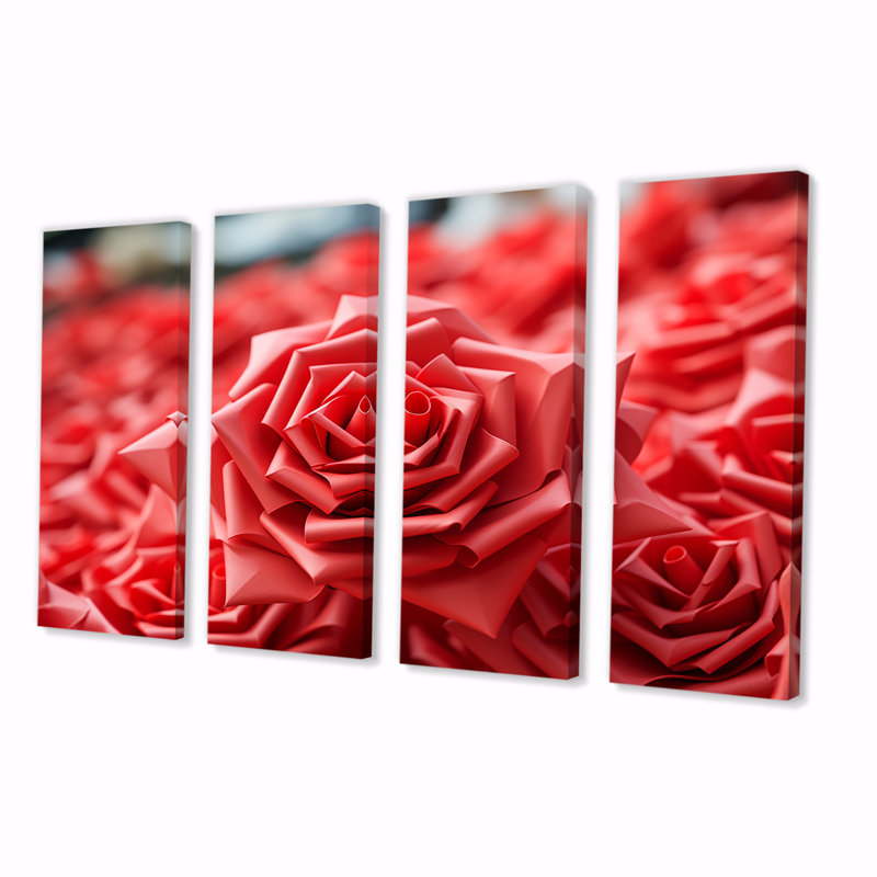 «Red Floral Rhythmic Radiance» - art mural abstrait géométrique 4 pièces pour le salon, H 28 po x l 48 po