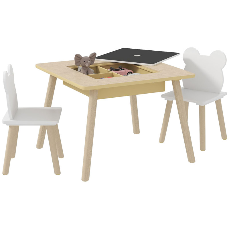 AIYAPLAY 3-Piece Kids Table and Chairs Set, Convertible Desk, Natural Wood