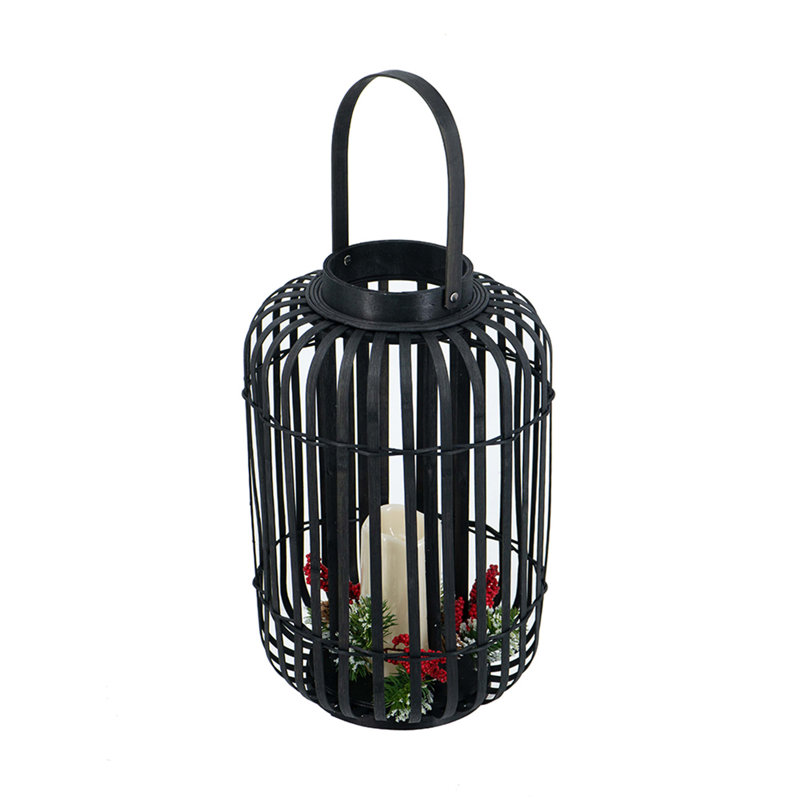 Lanterne noire en bambou avec bougie DEL blanche, H 16,3 po x l 10,2 po x P 10,2 po