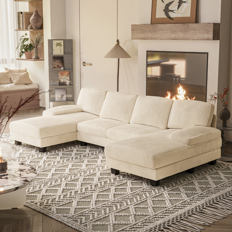 104.9" U-shaped Sofa Couch With 4 Seats, Comfortable Modern Sectional Sofa With Double Chaises, Beige Corduroy