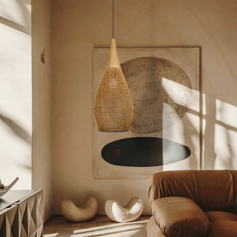 Corlyn 1 - Light Natural Geometric Pendant, Brown, 33.46" H x 13.77" W x 13.77" D