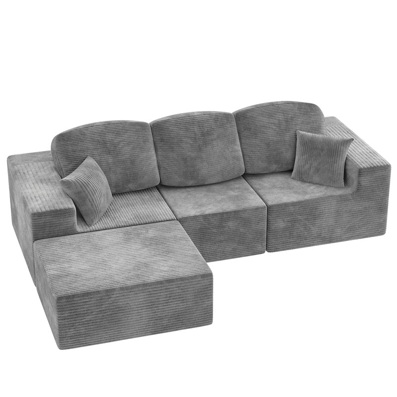 Canapé modulaire en forme de L, canapé modulaire à compression en nuage avec accoudoirs larges, gris, Velours côtelé gris