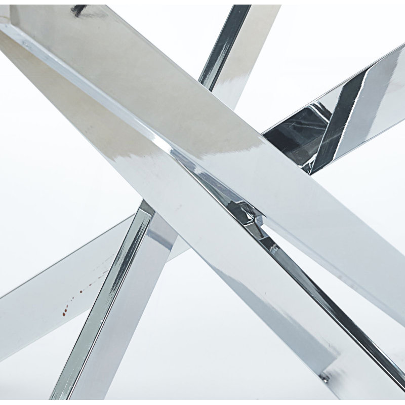 Round Dining Table With Cross Metal Leg And Glass Top, Chrome