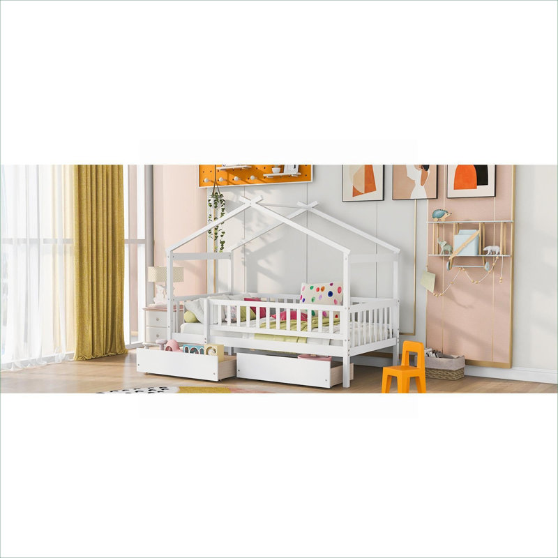 Lit plateforme classique en bois massif blanc, lit simple pour chambre d'enfant avec deux tiroirs de rangement, Twin, White