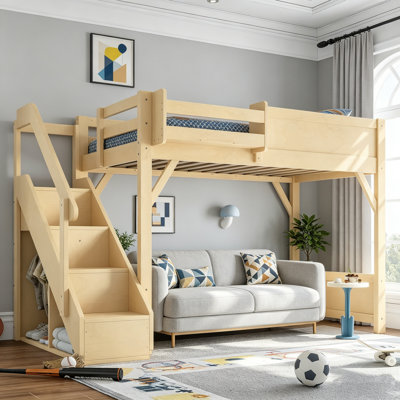 Wood Loft Bed, Heavy Duty Bed Frame With Storage Stairs And Safety Rail, Wood Kids Loft Bed, Sturdy Bed Frame , Multi-Functional Bed, No Box Spring Needed, High Guardrail Bed Frame For Kids Bedroom