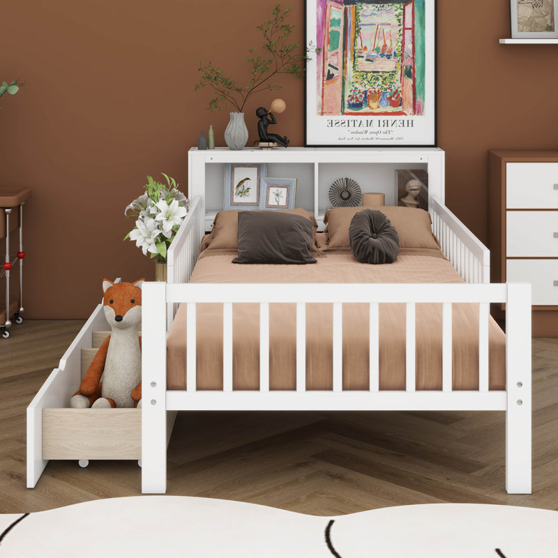 Lit plateforme simple pour enfant avec support de tête de lit, deux tiroirs sous le lit, trois barrières de sécurité pour plus de sécurité