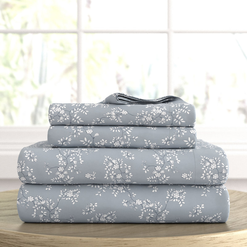 Light Gray Floral Vine Queen Microfiber Sheet Set