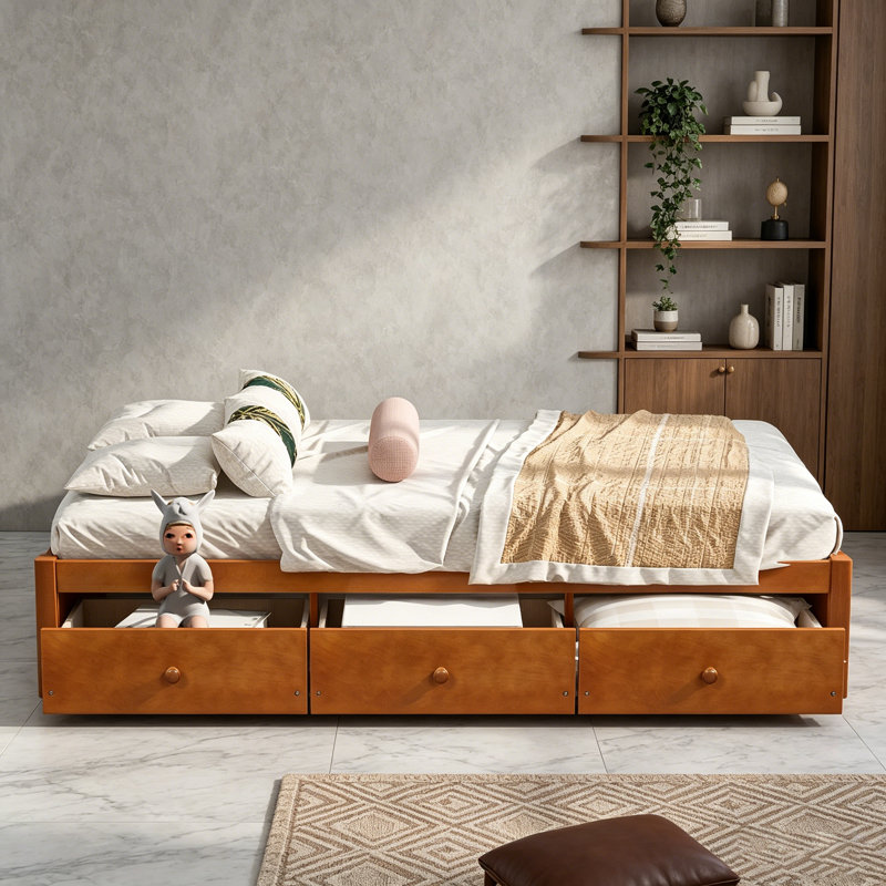 Modern Twin Size Platform Bed Frame Storage Bed With 3 Drawers Bedroom Furniture, Oak