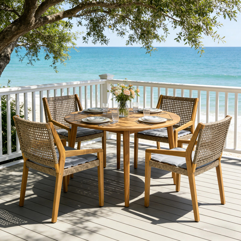 Ensemble repas d'extérieur 5 pièces avec table ronde, 4 fauteuils et coussins