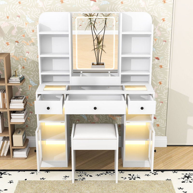 Vanity Table with LED Lighted Mirror, RGB Glass Cabinets, Drawers, Shelves, Power Outlets and Stool, White