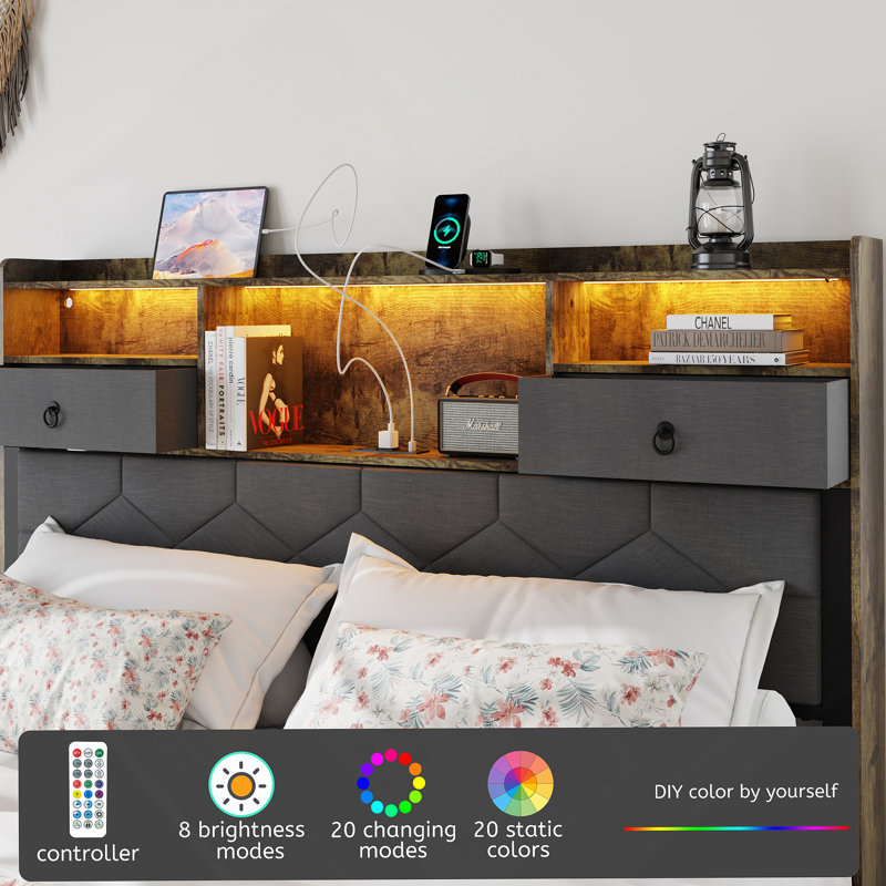 Queen Size Vintage Brown Upholstered Metal Frame Bed with Storage and Charging Station