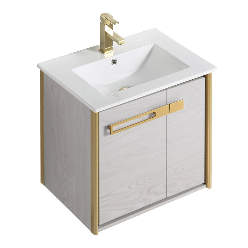 Meuble-lavabo simple l 24 po x P 18,31 po x H 23,25 po, Chêne gris doux, Laiton satiné
